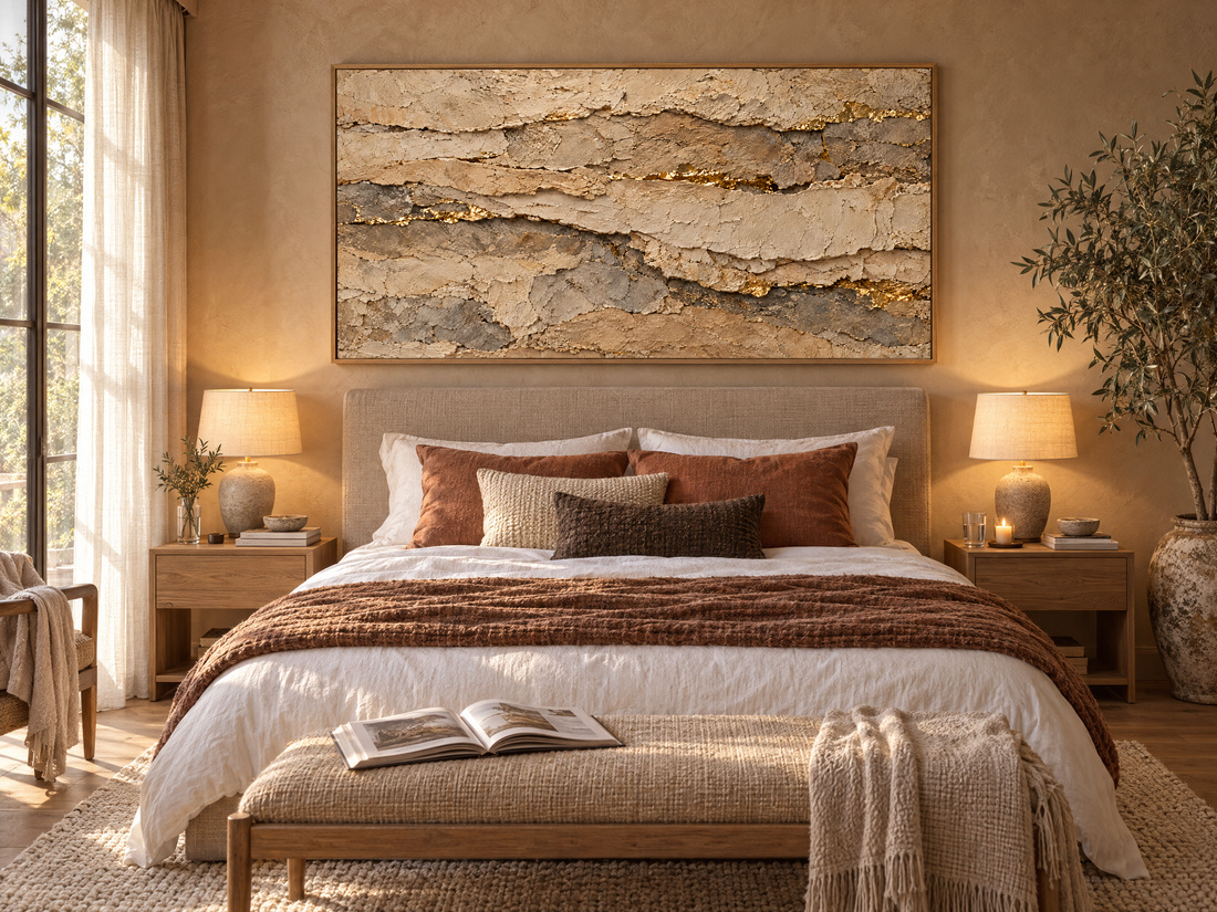 Beige sandstone canvas above the bed in a terracotta bedroom