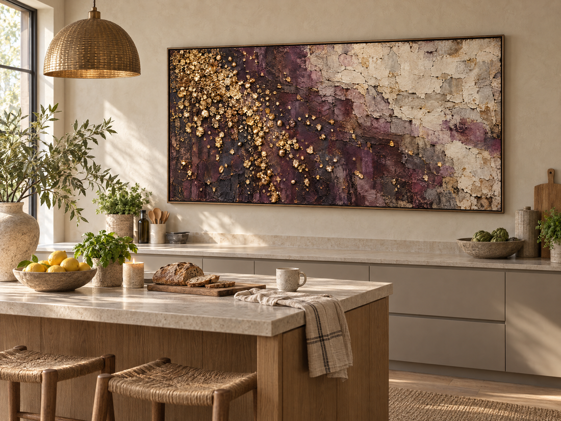 Aubergine and gold leaf canvas in a pale kitchen