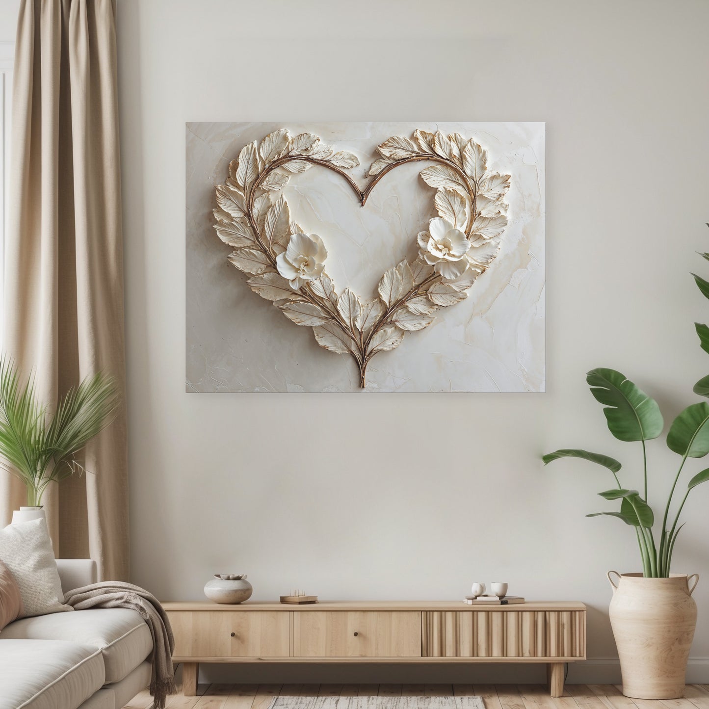 Romantic Leaf Heart Wall Art – Elegant Neutral Floral Canvas for Bedroom Decor