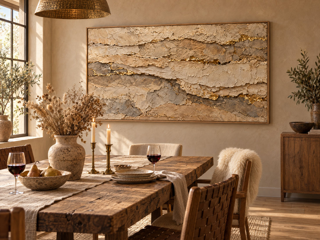 Layered stone canvas with gold seams above a rustic dining table