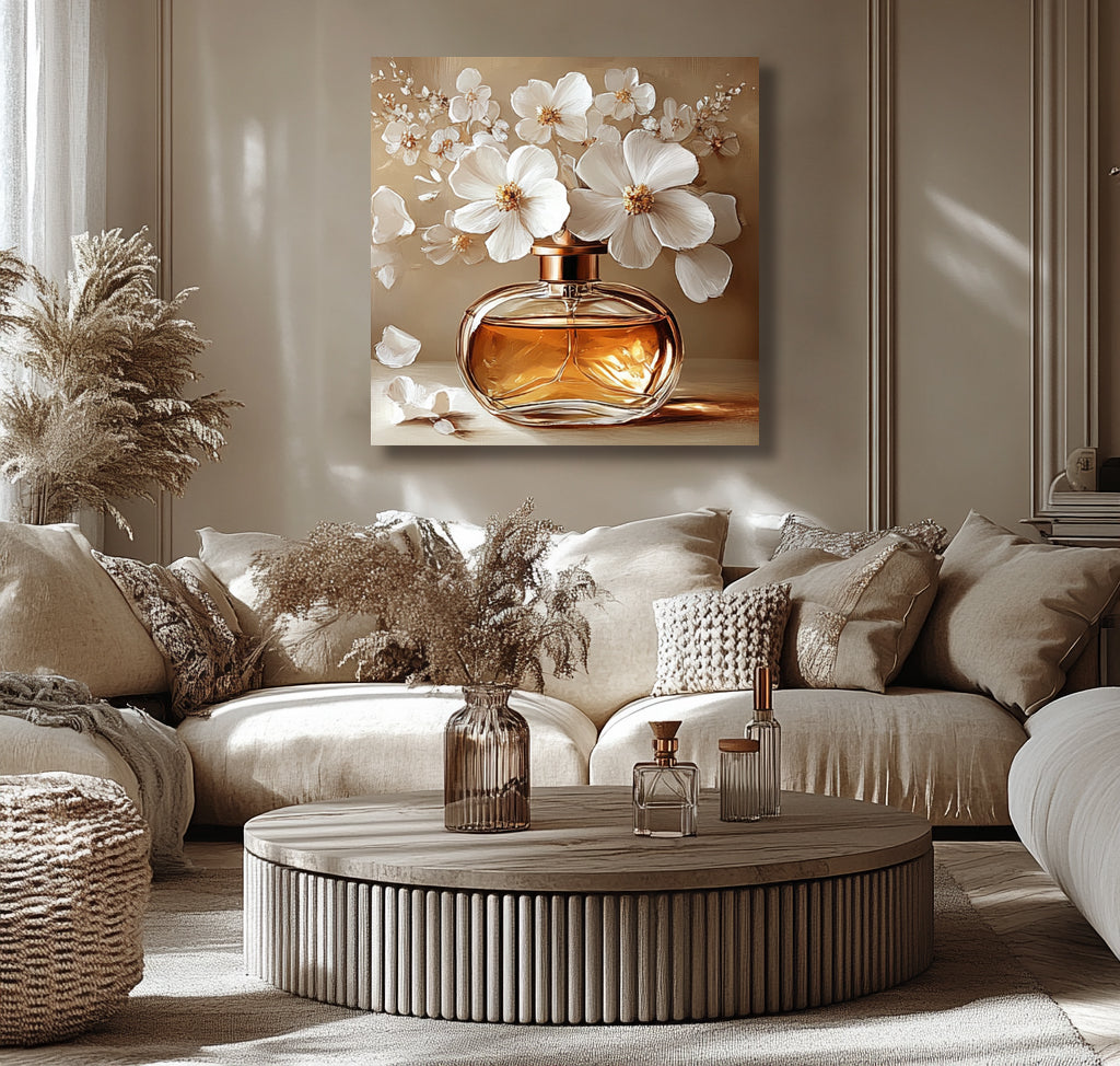 Amber Essence & White Blossom Wall Art – Elegant Floral Perfume Design