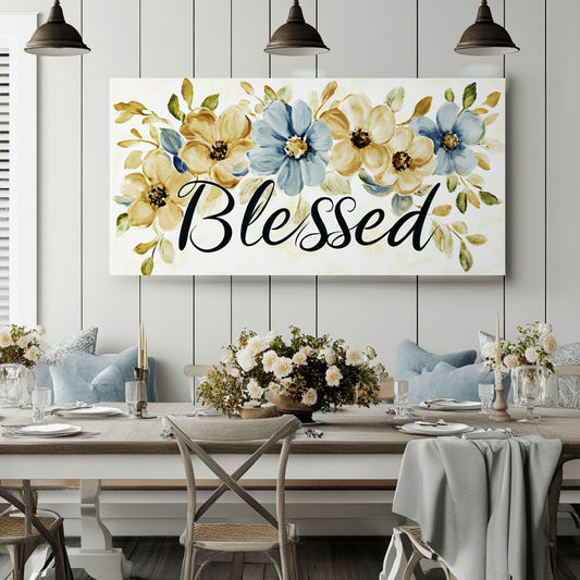 Blessed in Bloom – Blue & Gold Floral Wall Art Canvas