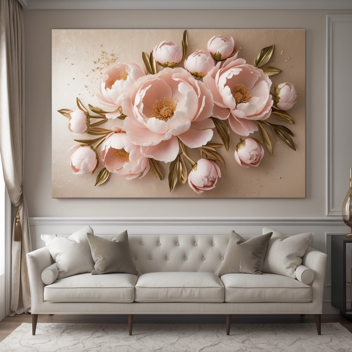 Blush Pink Peony Wall Art – Flat Canvas Print with Gold Leaf Accents for Elegant Home Décor