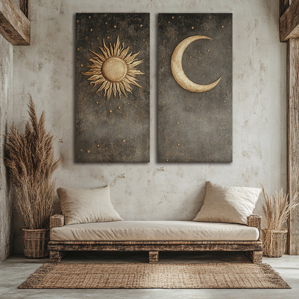 Celestial Balance Wall Art Set – Sun and Moon Flat Canvas Pair