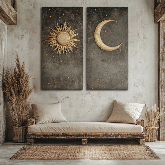 Celestial Balance Wall Art Set – Sun and Moon Flat Canvas Pair