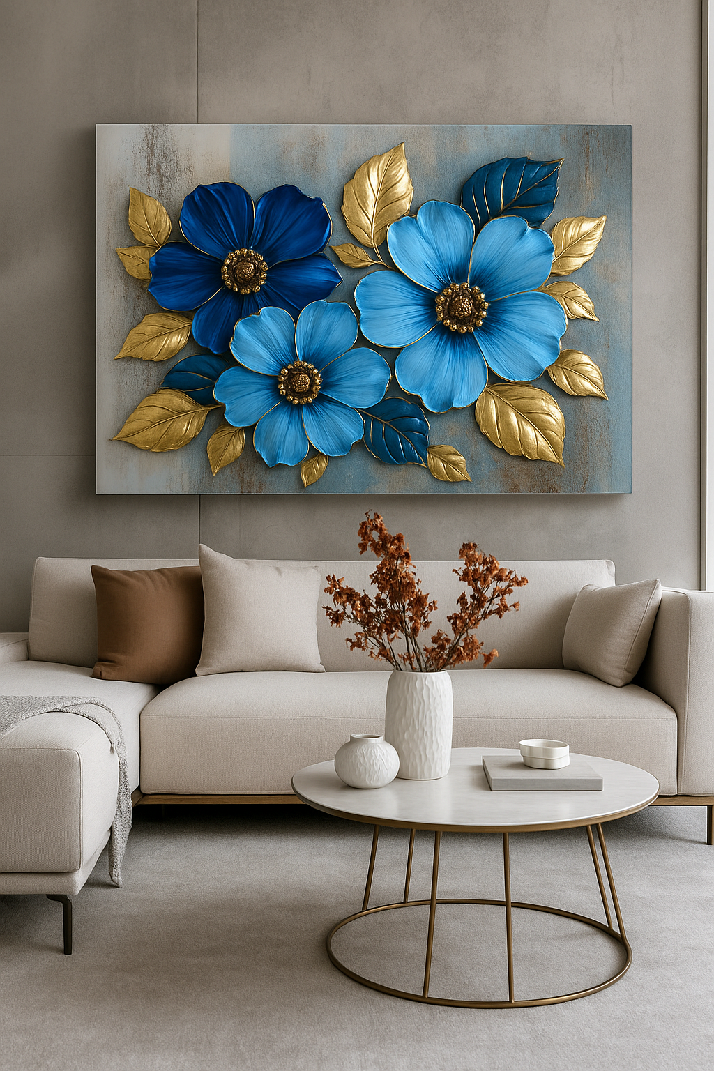 Floral Bloom Wall Art – Elegant Red and White Flower Canvas with Gold Leaves