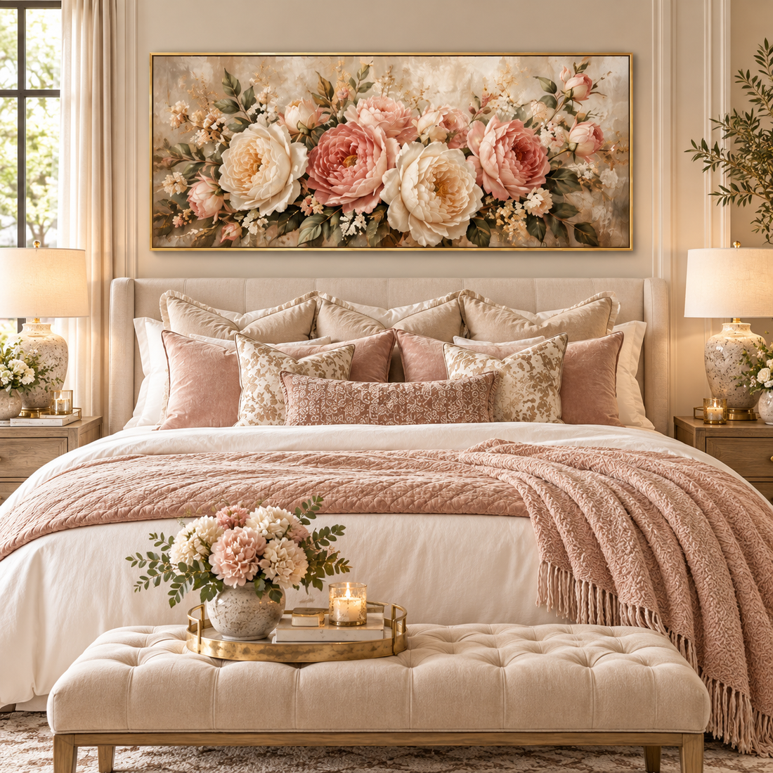 Pink and cream garden rose canvas in a styled living room