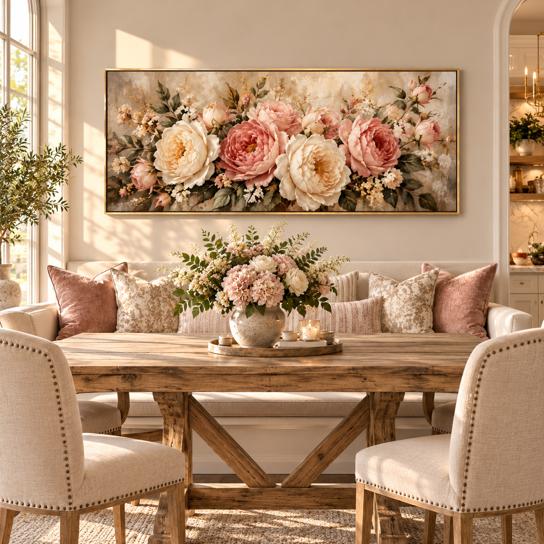 Pink and cream rose canvas on a neutral wall
