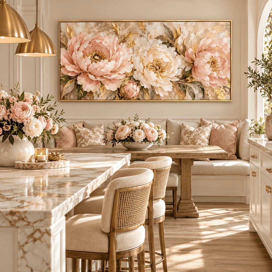 Pink and gold peony canvas on a neutral wall
