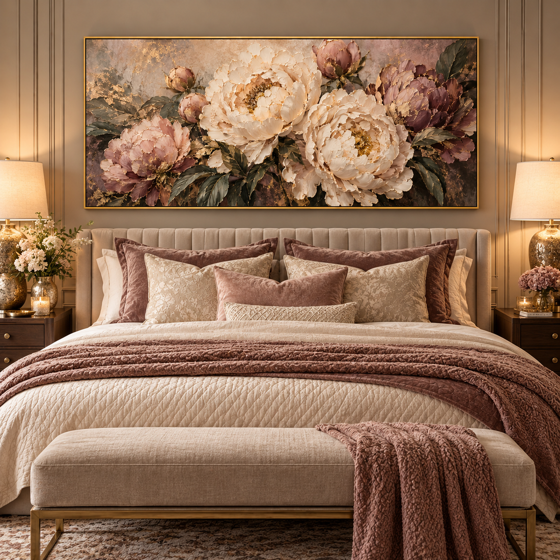 Dusty rose peony canvas on a deep wall above a console