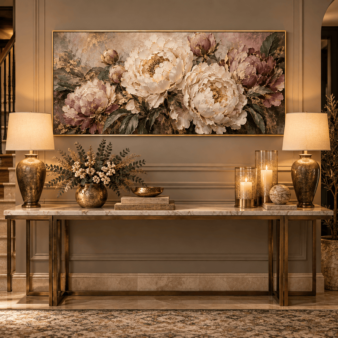 Mauve peony panoramic canvas above a marble console in an entryway