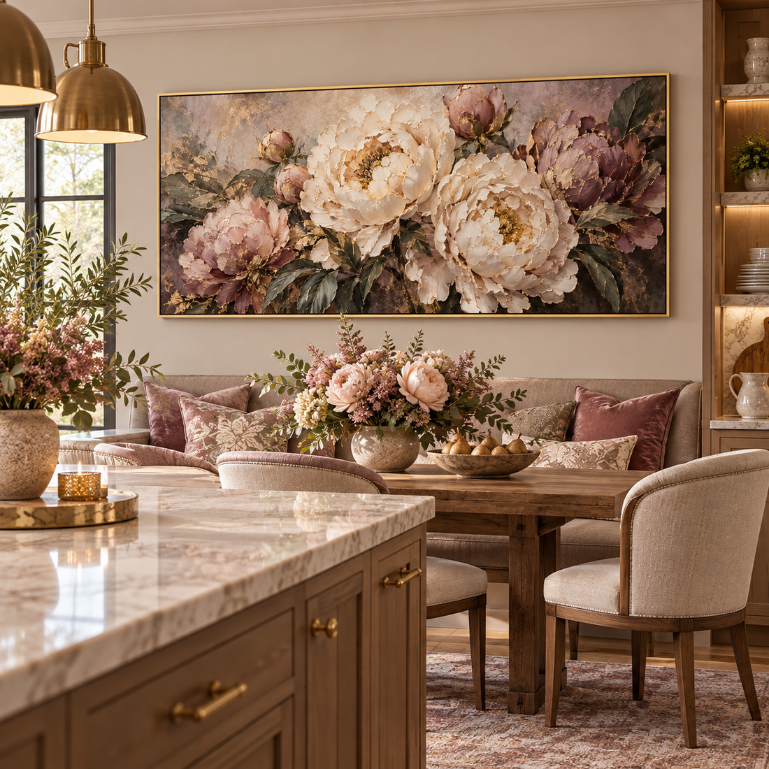 Mauve and cream peony canvas in a styled room