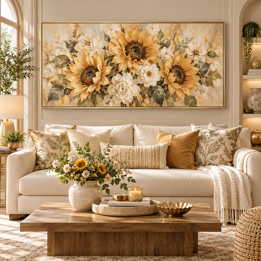 Gold and cream sunflower panoramic canvas above a sofa in a bright living room