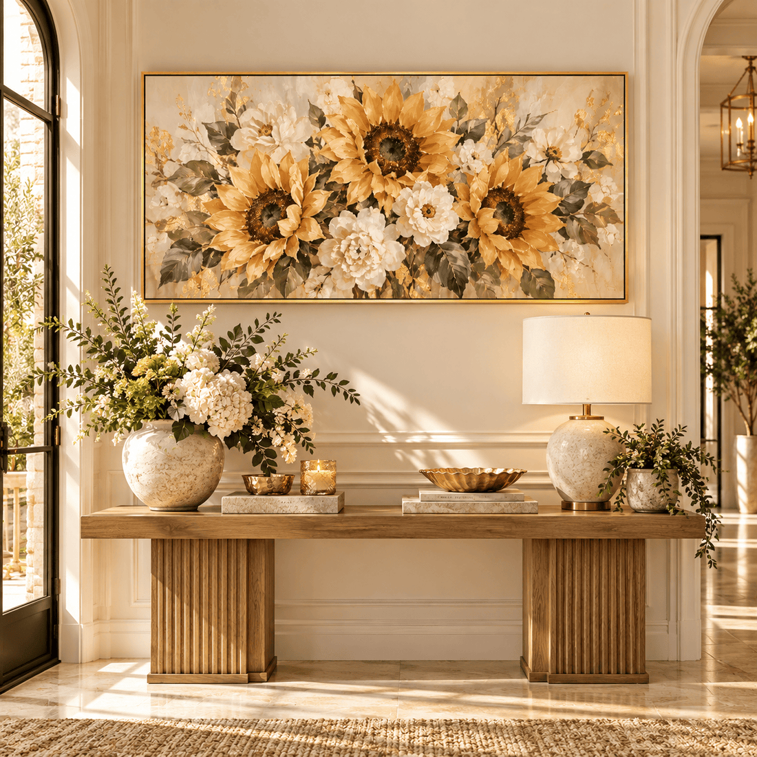 Sunflower and white rose canvas above a sideboard