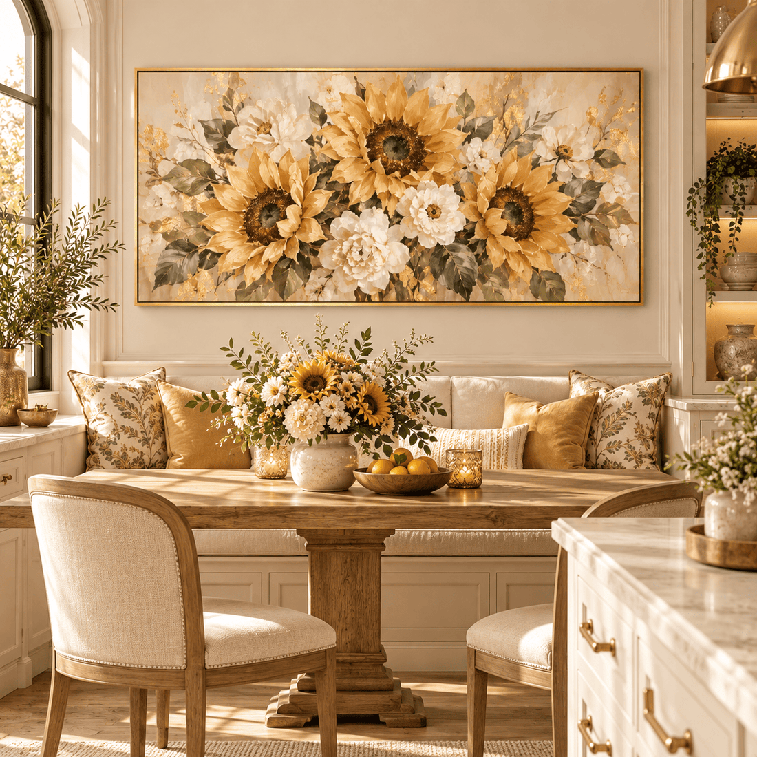Gold sunflower panoramic canvas on a cream wall