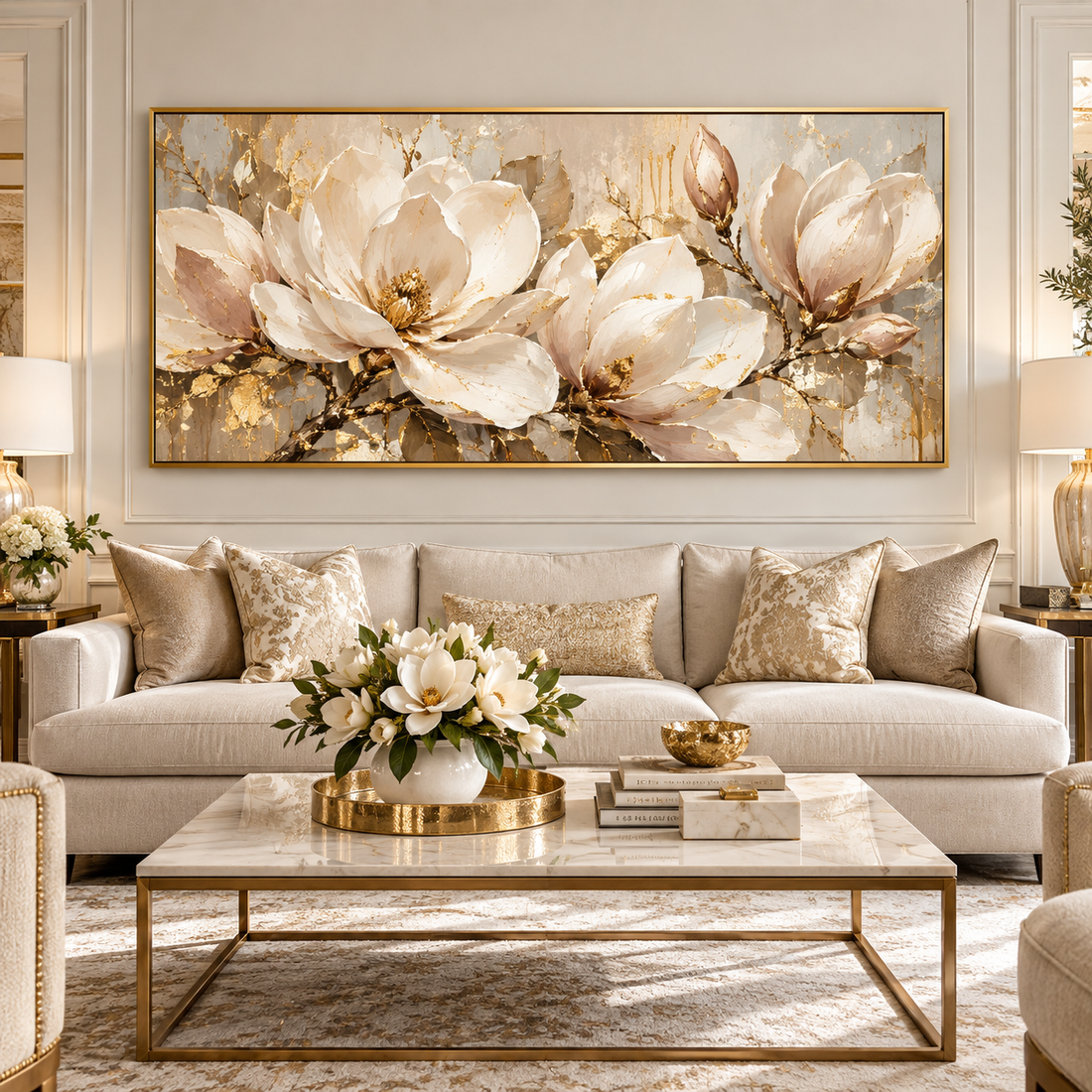Gold magnolia panoramic canvas above a sofa in a cream living room