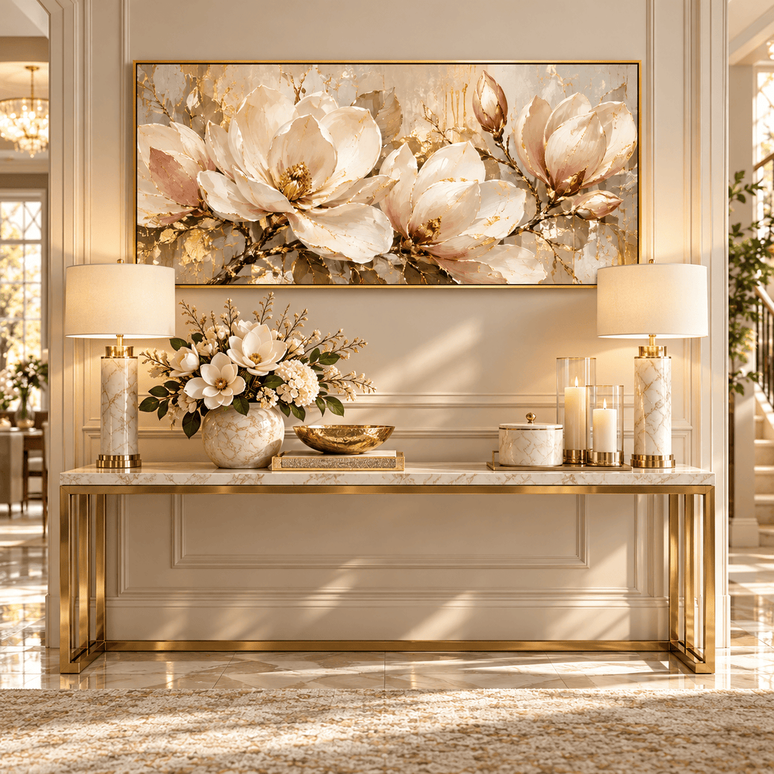 Gold magnolia panoramic canvas above a console table