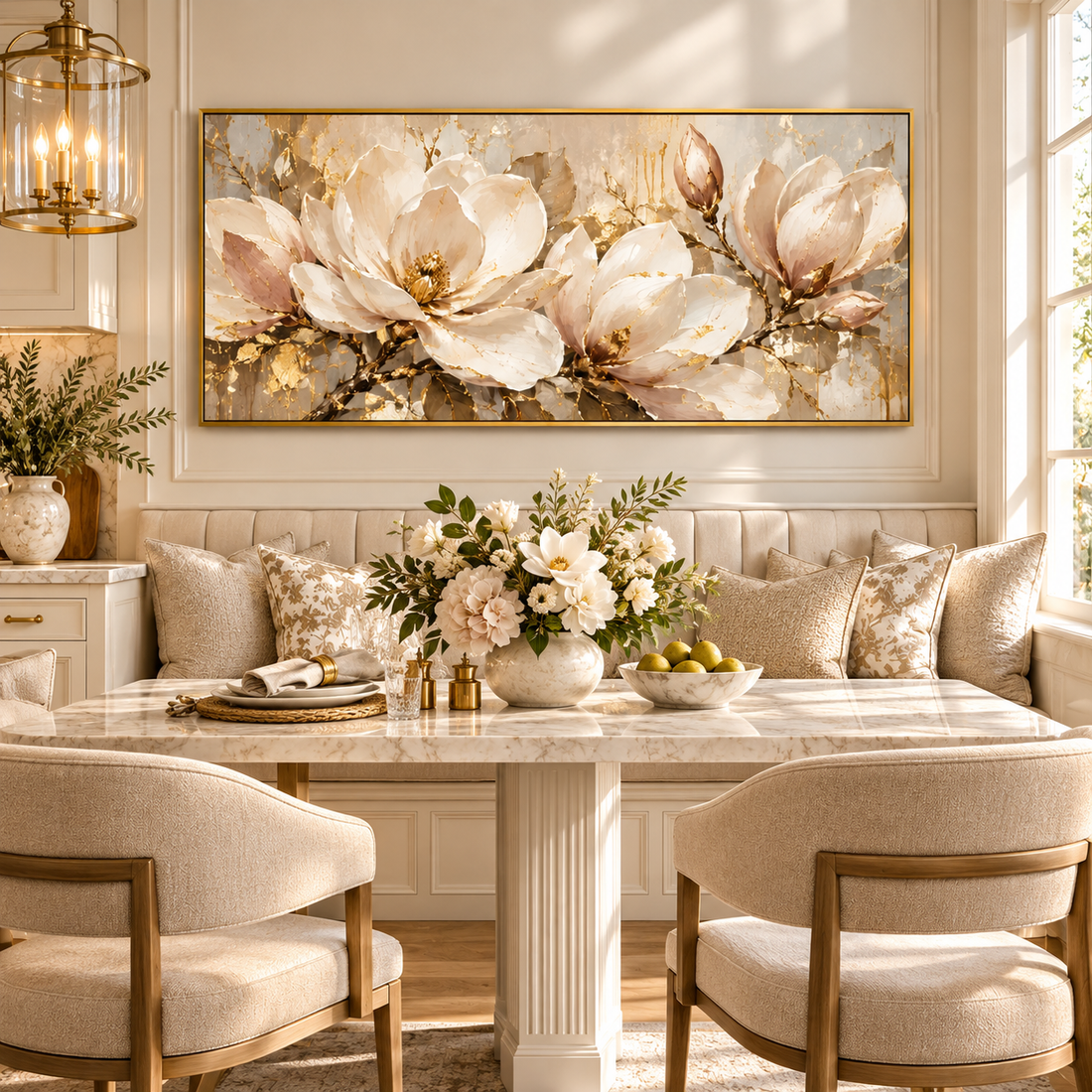 Gold magnolia canvas on a pale marbled wall