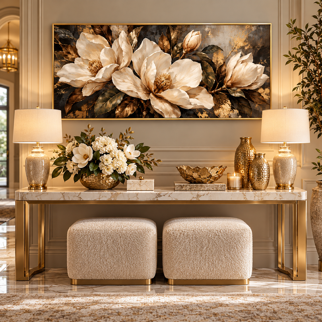 Black and gold magnolia canvas above a console in an entryway