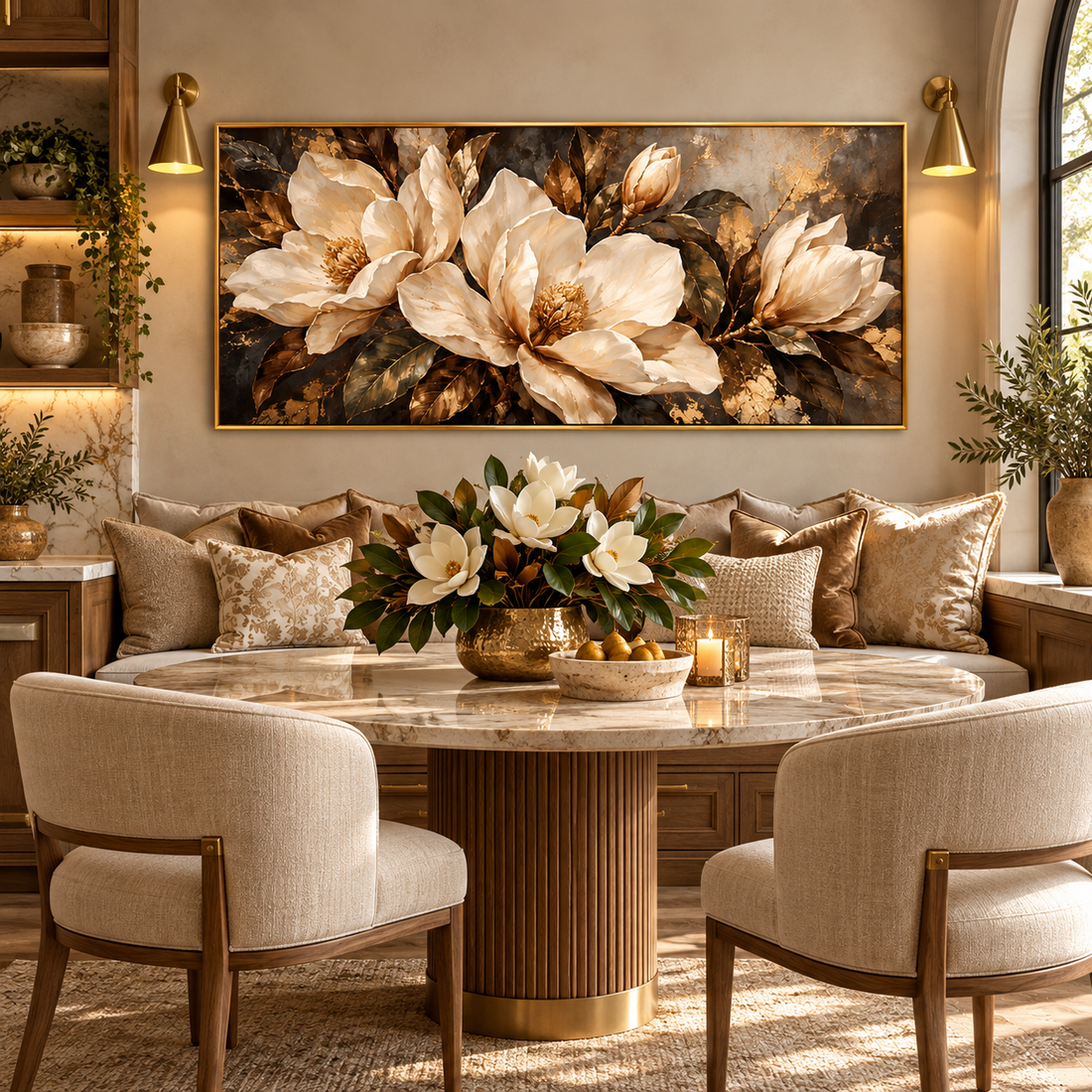 Dark magnolia panoramic canvas in a styled room