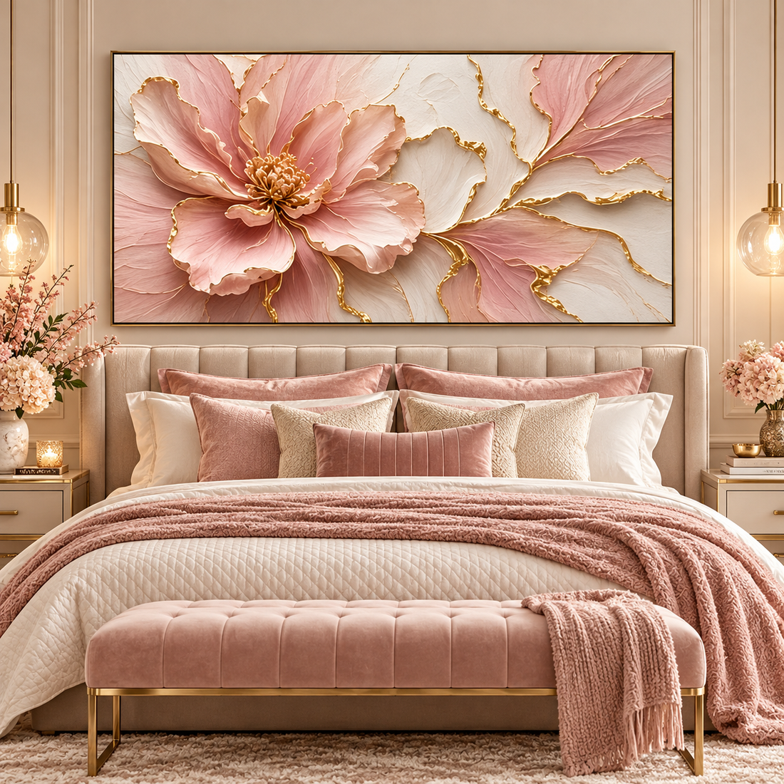 Blush and gold peony panoramic canvas centred above an upholstered bed