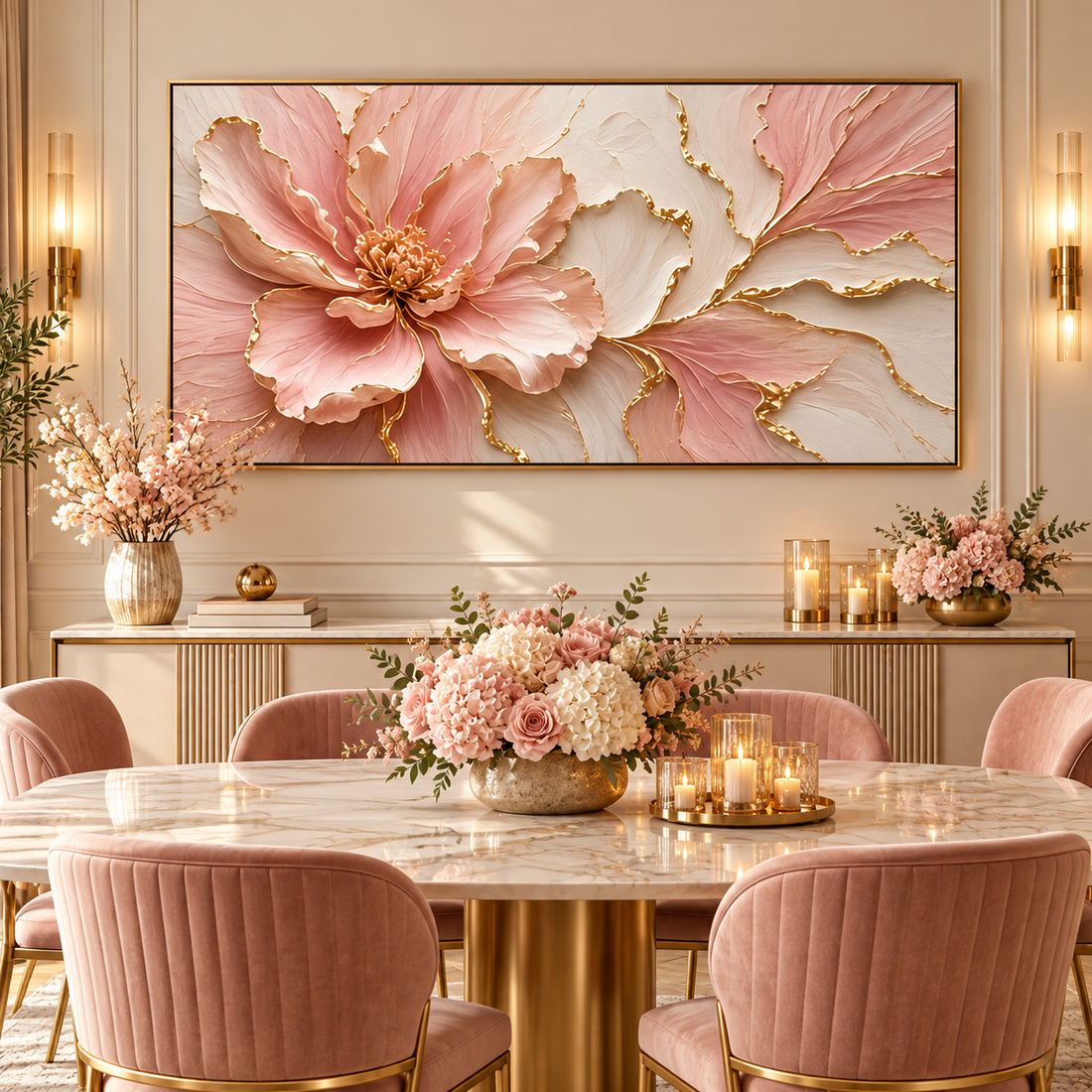 Pink peony panoramic canvas above a sideboard in a dining room