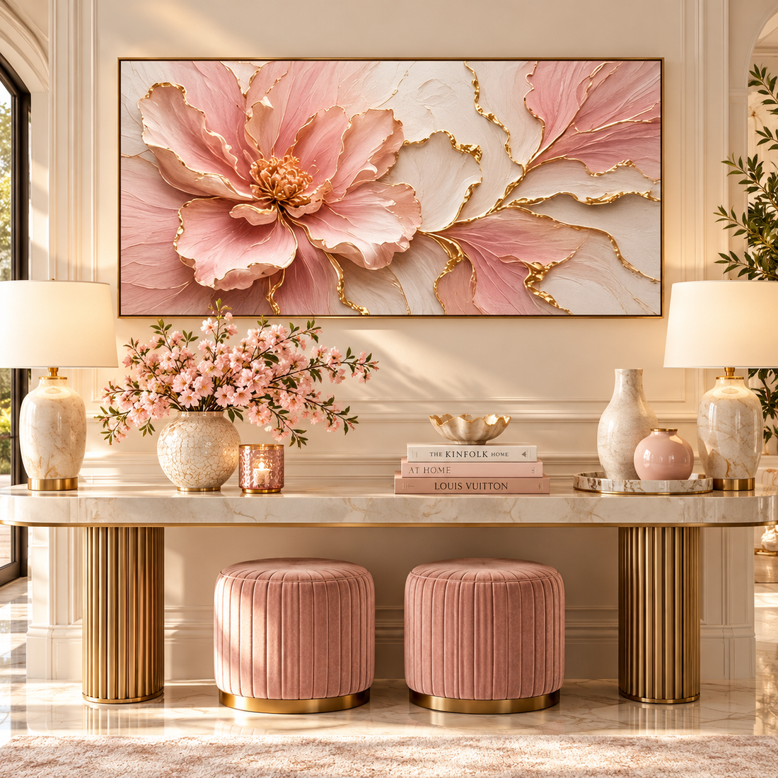 Peony canvas above a marble console table in an entryway