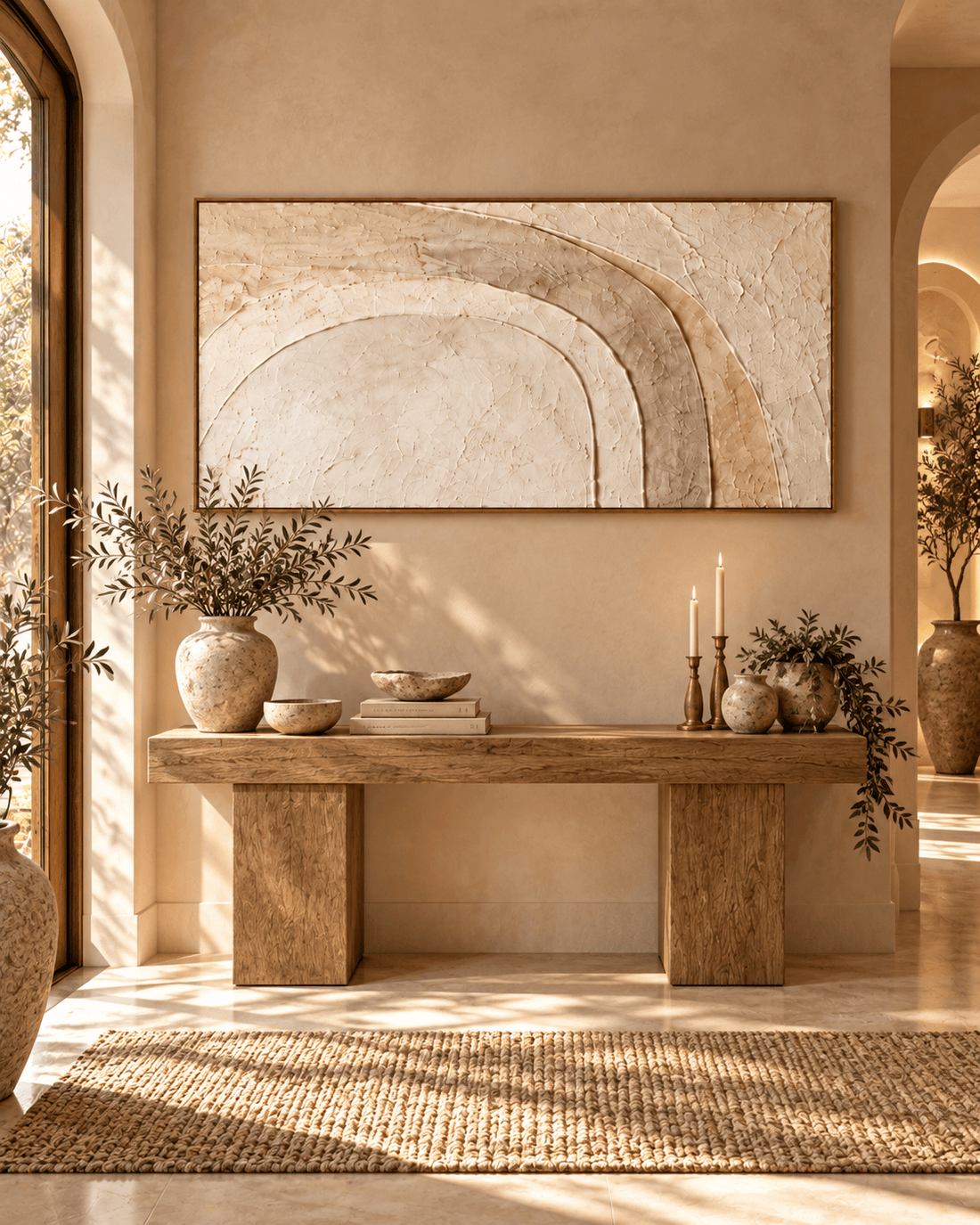 Textured plaster arch canvas above an oak entryway console