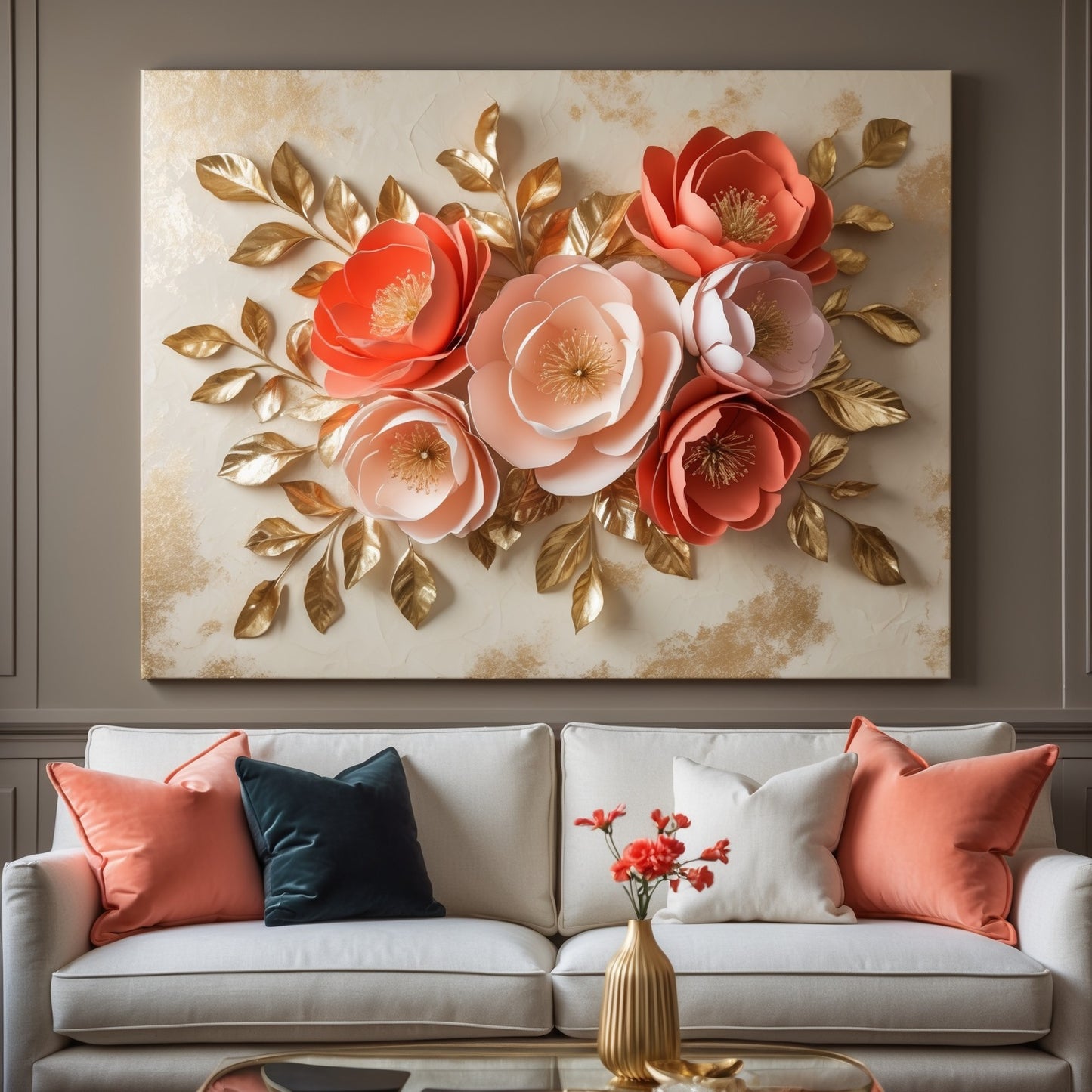 Coral and Gold Floral Wall Art – Flat Printed Canvas for Elegant Living Room Décor