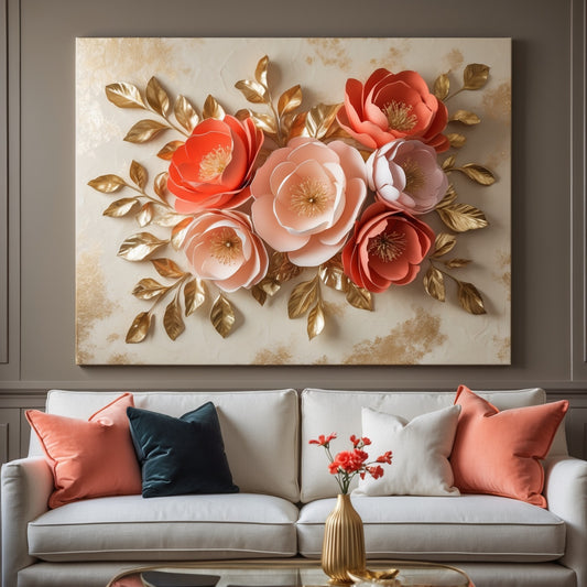 Coral and Gold Floral Wall Art – Flat Printed Canvas for Elegant Living Room Décor