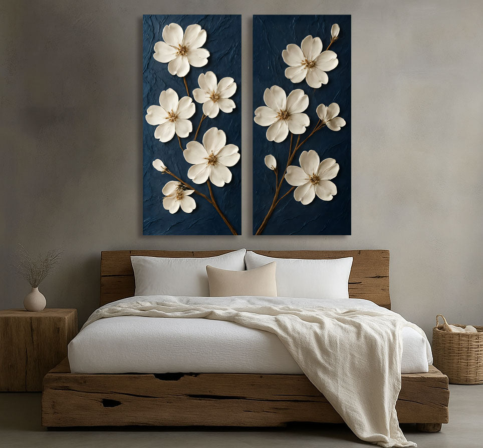 Elegant White Floral Wall Art on Navy Blue | Modern Botanical Canvas Print (2 Panel Set)