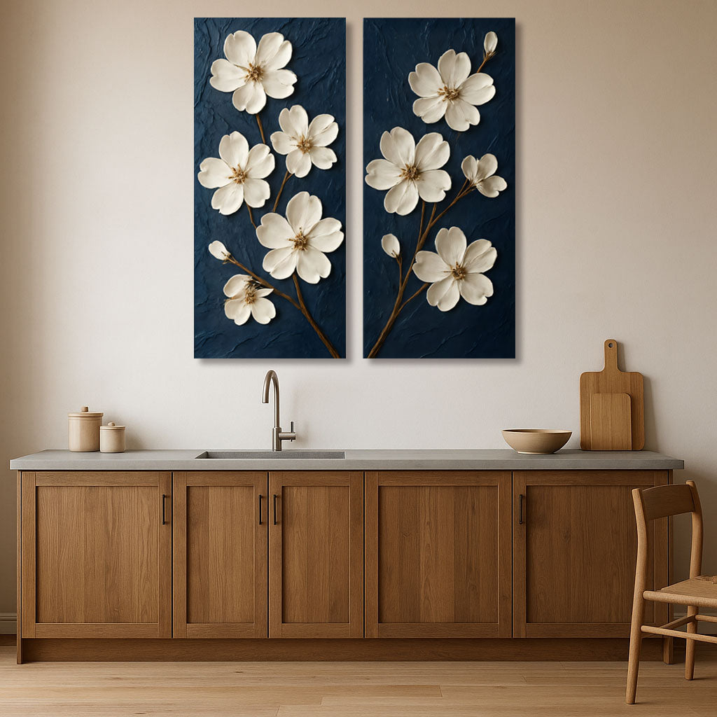 Elegant White Floral Wall Art on Navy Blue | Modern Botanical Canvas Print (2 Panel Set)