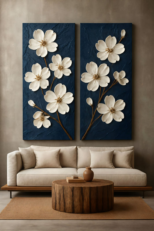 Elegant White Floral Wall Art on Navy Blue | Modern Botanical Canvas Print (2 Panel Set)