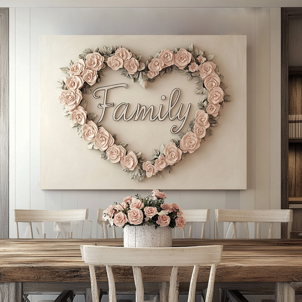 Blush Rose Heart Family Wall Art – Rustic Farmhouse Canvas Décor