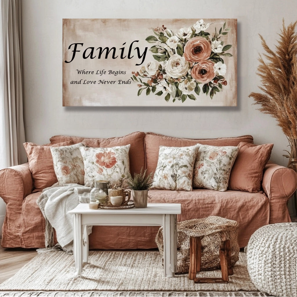 Family Where Life Begins & Love Never Ends V18 - Rustic Boho Floral Wall Art Canvas