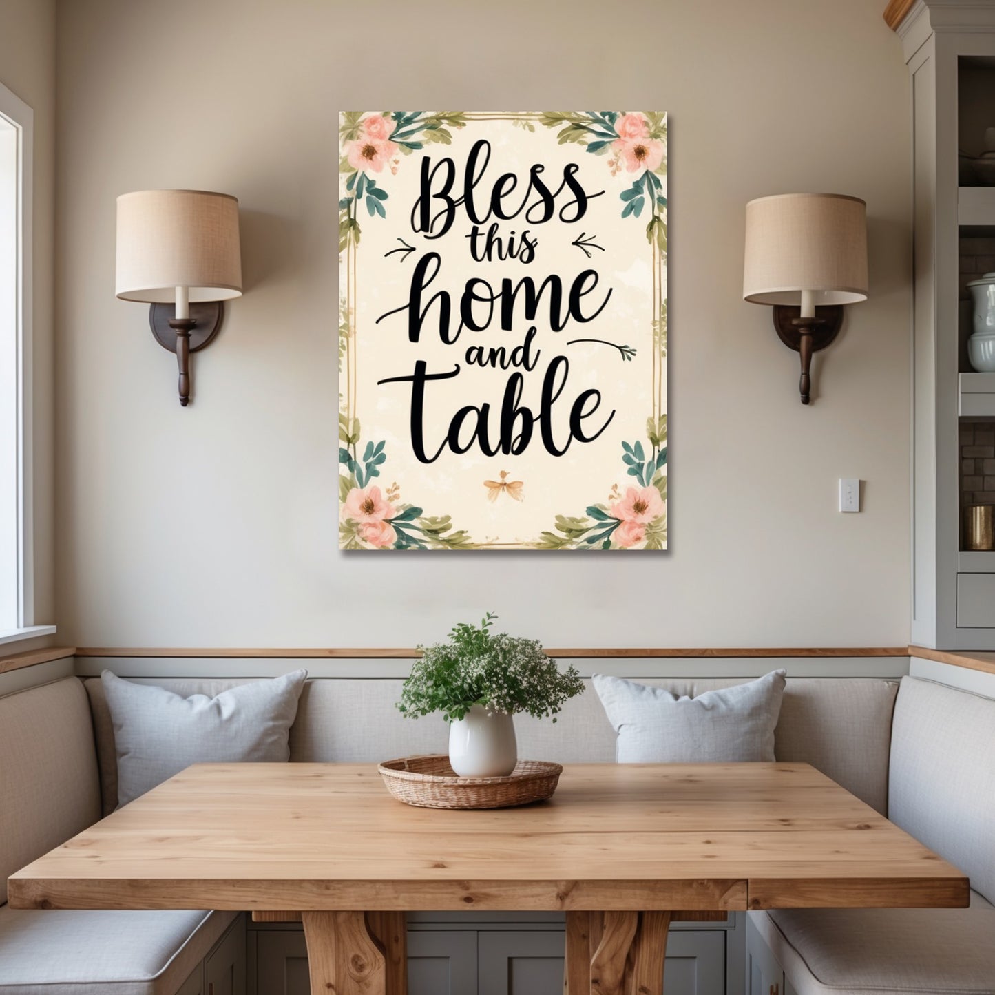 Floral Gathering Prayer Wall Art β Faith-Inspired Canvas for Dining Spaces