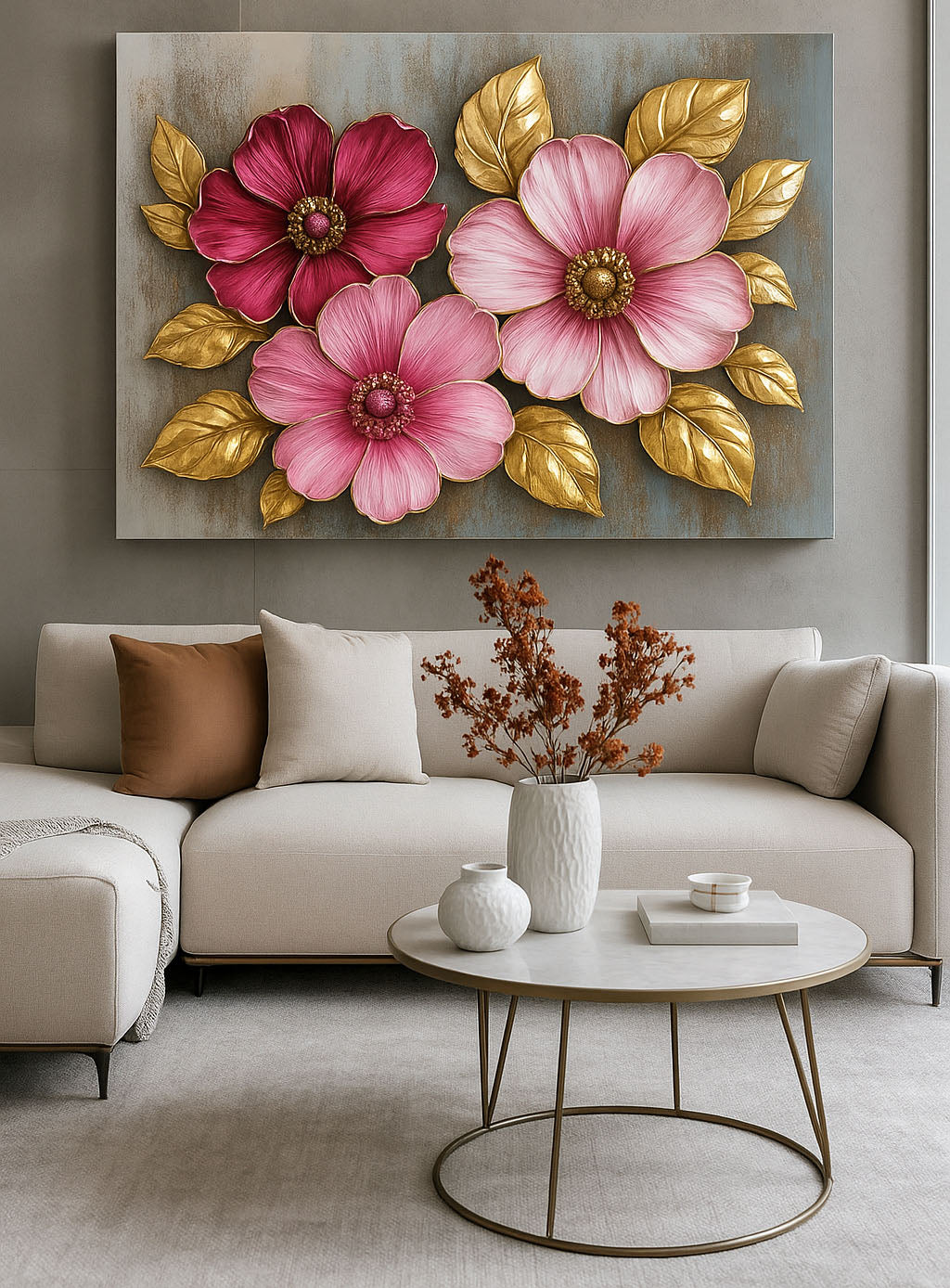 Floral Bloom Wall Art – Elegant Red and White Flower Canvas with Gold Leaves