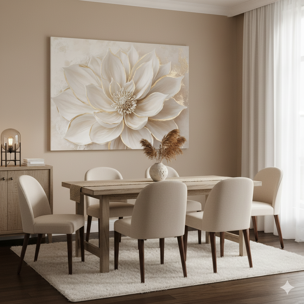 Luxury Flower Wall Art – Oversized Neutral Canvas with Beige and Gold Petals