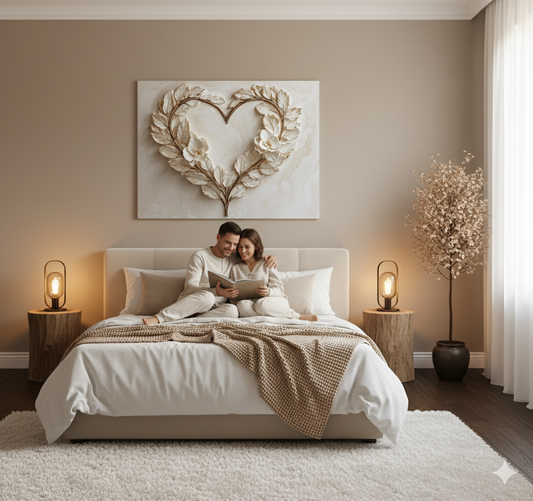Romantic Leaf Heart Wall Art – Elegant Neutral Floral Canvas for Bedroom Decor