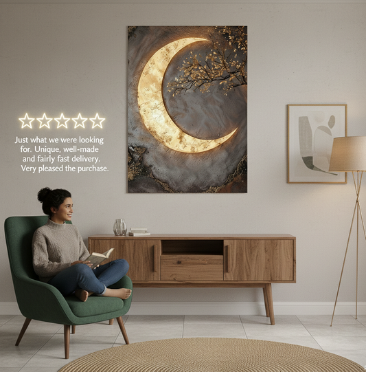 Luxury Crescent Moon Canvas Wall Decor – Illuminated Gold and Grey Artwork