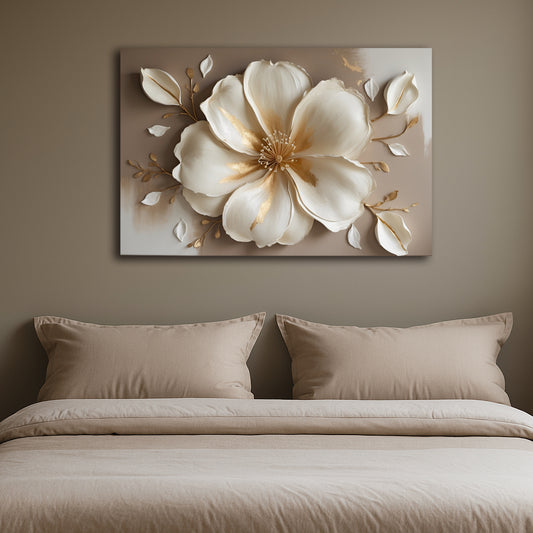 Golden Bloom on Taupe – Elegant Floral Wall Art Canvas