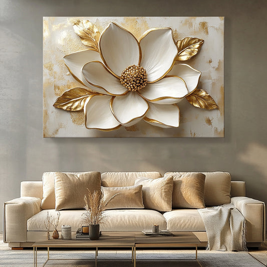 Floral Bloom Canvas – Modern Flower Wall Art with Gold Details