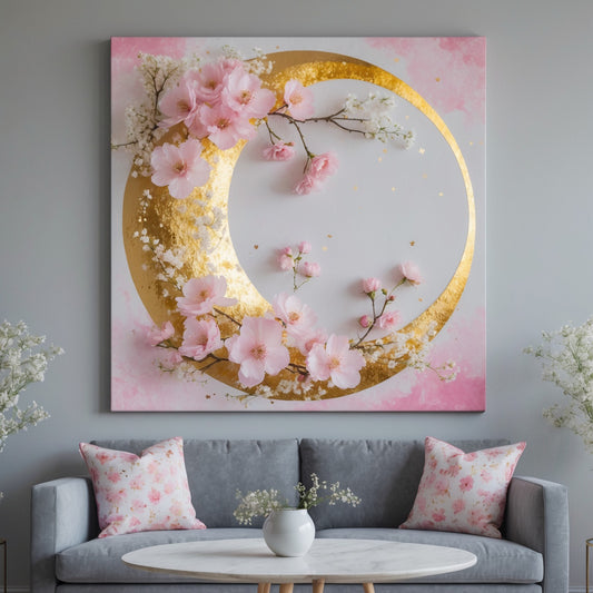 Golden Blossom Crescent – Pink Cherry Moon Canvas Wall Art