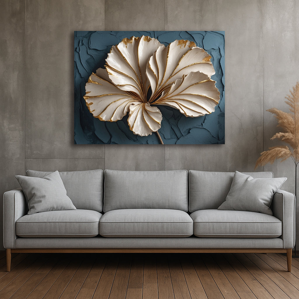 Golden Edge Bloom Canvas Print – Cream Floral Wall Art on Navy with Textured-Look (Flat Canvas)
