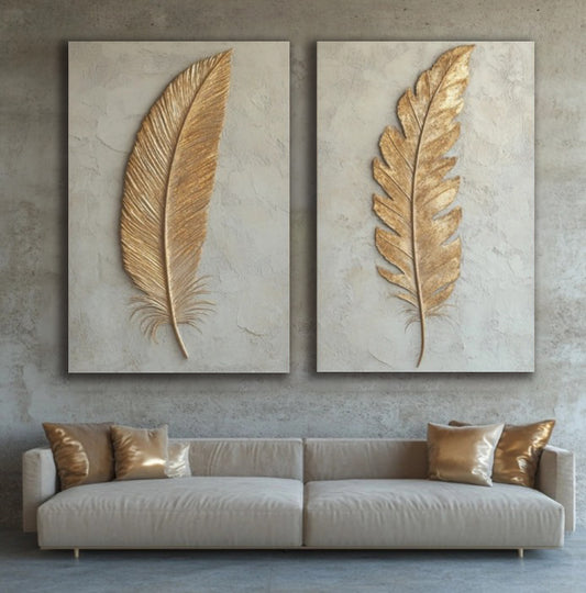 Golden Feathers Duo – Luxury Wall Art Canvas Set