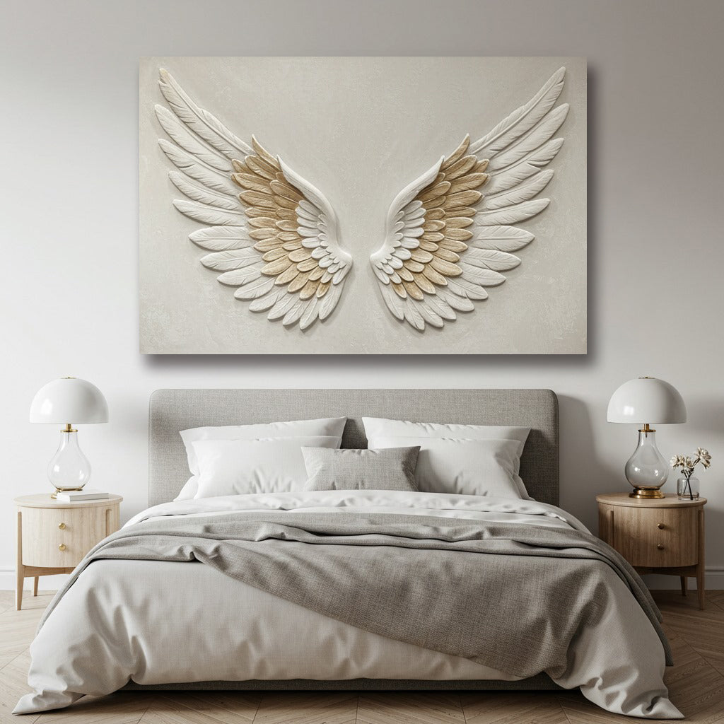 Golden Grace Angel Wings Wall Art – Neutral & Gold Canvas for Serene Spaces