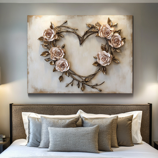 Romantic Rose Heart Wall Art – Elegant Floral Canvas for Bedroom Decor