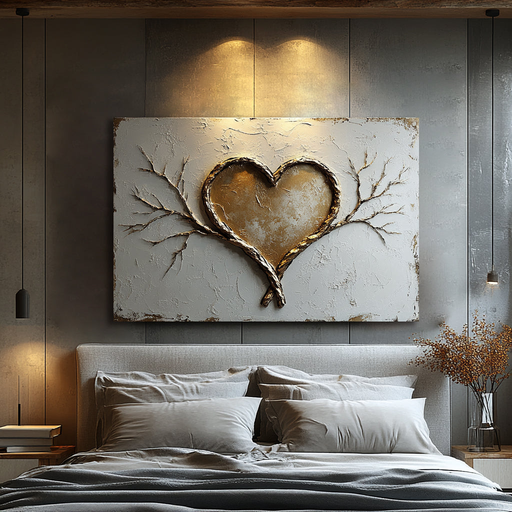 Golden Heart Branch Wall Art – Romantic Canvas for Cozy Modern Spaces