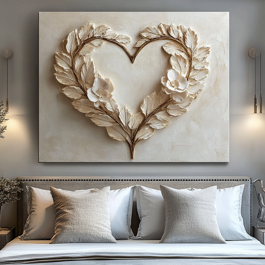 Romantic Leaf Heart Wall Art – Elegant Neutral Floral Canvas for Bedroom Decor