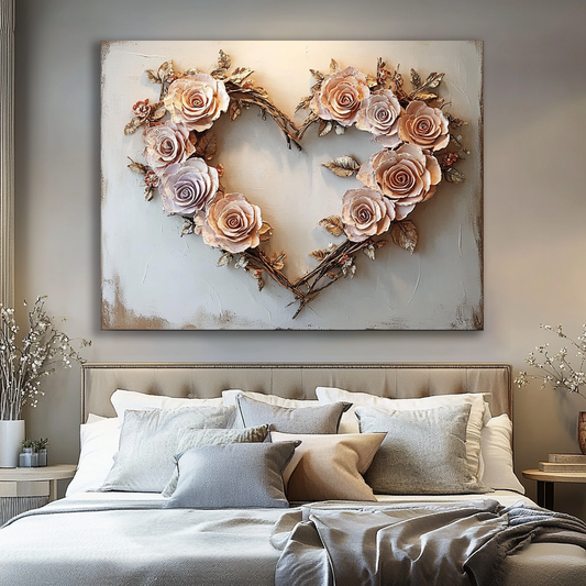 Blush Rose Heart Wall Art –  Romantic Floral Canvas for Bedroom Decor